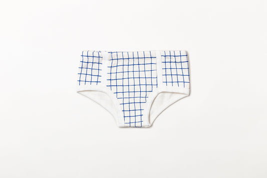 Cueca infantil canelada em algodão orgânico - Xadrez azul índigo